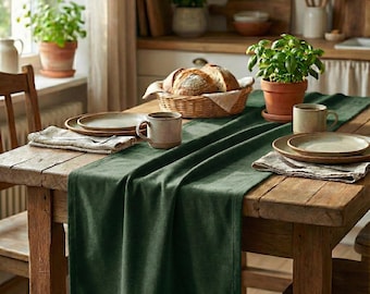Emerald Green Velvet Table Runner | Upcycled Curtain Fabric | Stain Resistant Washable Micro-Velvet | Custom Size