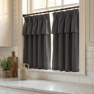 Cortinas Blackout Cor Carvão para Café, Cortina de Cetim com Babados, Privacidade Térmica para Cozinha e Banheiro