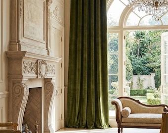 Olive Green Silk Velvet Curtain Panel, Custom Window Drapery