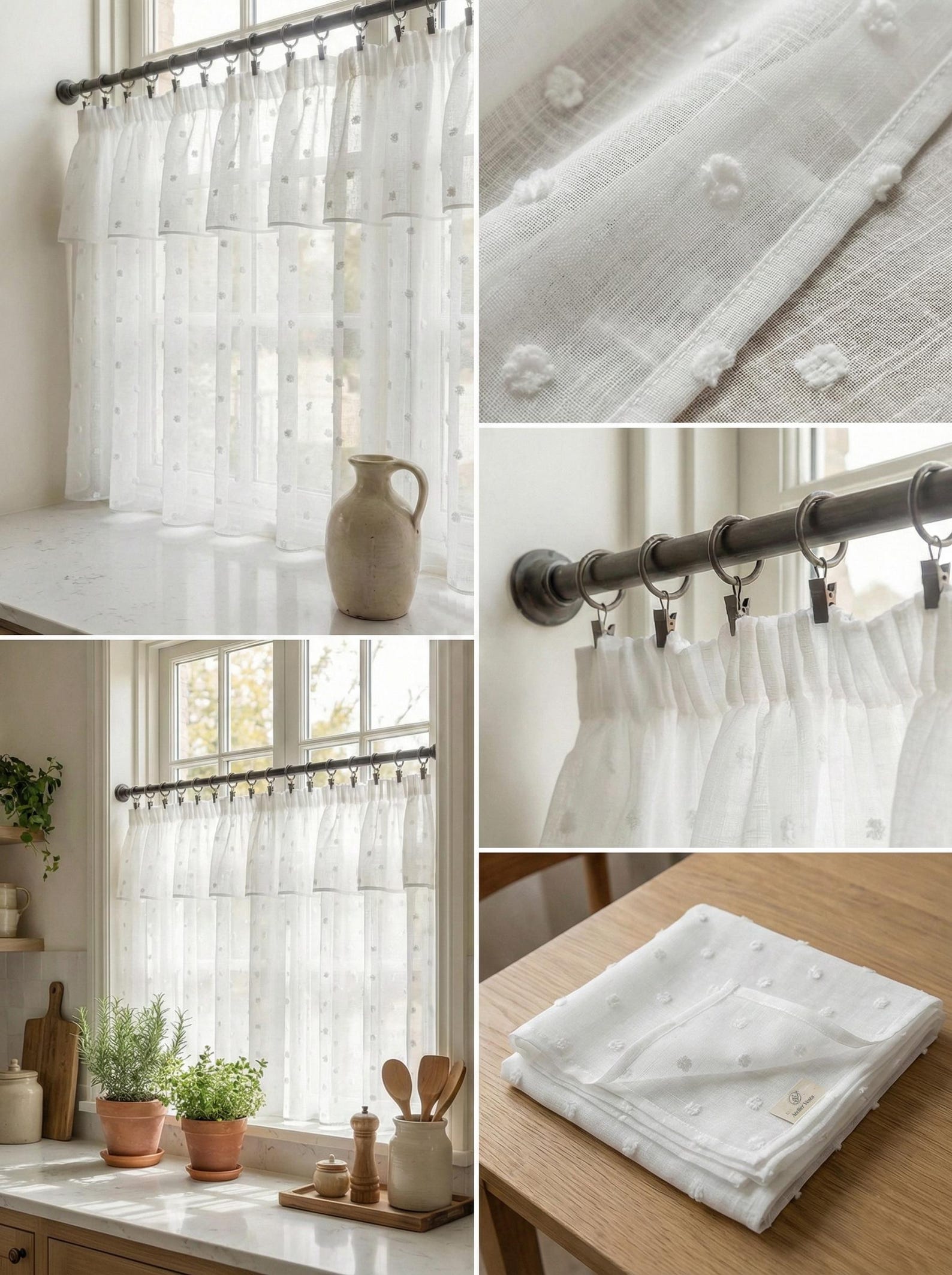 White Linen Cafe Curtains, Tufted Dot Sheer Kitchen Tier, Rod Pocket - Etsy