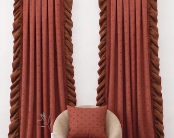 Terracotta Pom Pom Linen Curtains, Brown Velvet Ruffled Drapes, Light Filtering Custom Window Treatments, Boho Farmhouse Decor