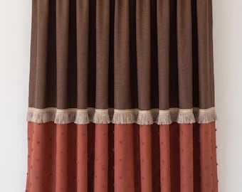 Hand Sewn Linen Curtain | Coffee Brown Terracotta Color Block, Pom Pom Fringe Drape