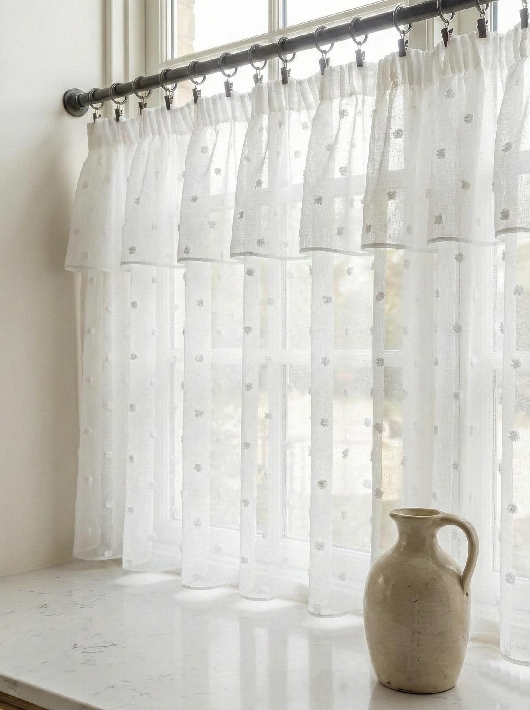 White Linen Cafe Curtains, Tufted Dot Sheer Kitchen Tier, Rod Pocket - Etsy