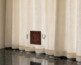 Cream Linen Kitchen Curtain with Hamsa, Silver Horseshoe & Wheat