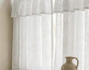 White Linen Cafe Curtains, Extra Full Pleats, Farmhouse Style