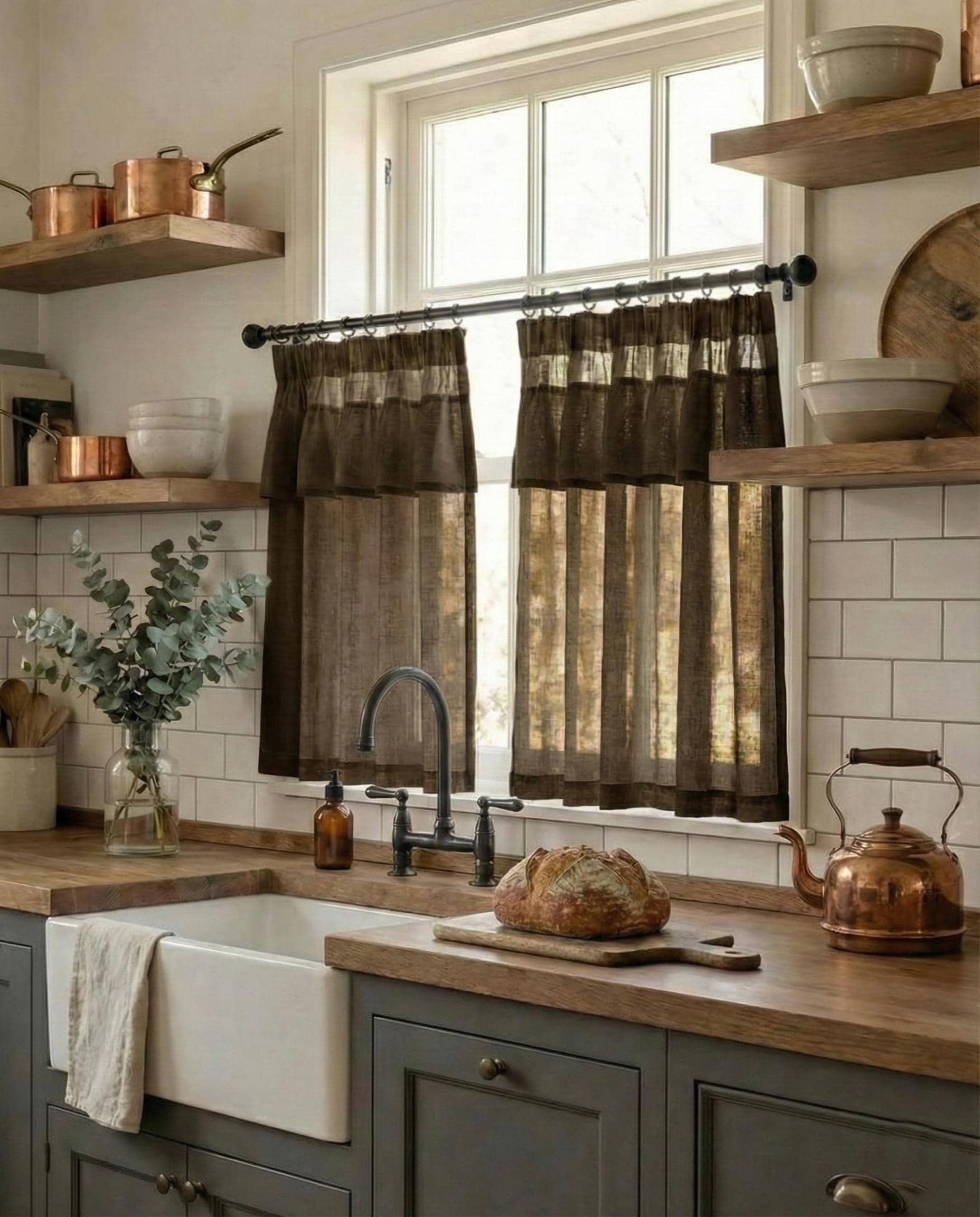 Brown Linen Café Curtains, Sheer Kitchen Tier Curtains, Rustic