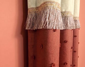 Cream Terracotta Linen Curtain, Hand Sewn Pom Pom Drapes, Tassel Trim Boho Window Treatment