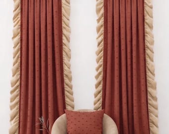 Terracotta Linen Curtains with Cream Velvet Ruffles, Tufted Pom Pom Custom Size Drapes, Rust Linen and Velvet Window Panels