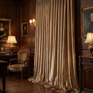 Puede incluir: Una habitación lujosa con paneles y suelos de madera oscura. El punto focal es un conjunto de cortinas de terciopelo dorado que van del suelo al techo. Los muebles antiguos, incluyendo una silla y un armario, se suman al ambiente clásico. Las obras de arte y las lámparas completan el elegante interior.