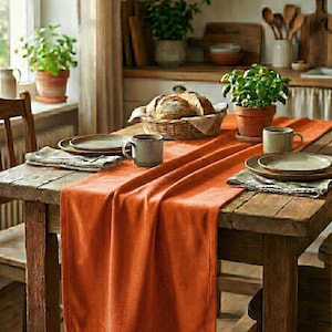May include: A wooden dining table is set with an orange table runner, plates, mugs, and a basket of bread. A potted plant sits on the table, and another is near a window. The scene creates a warm, inviting atmosphere.