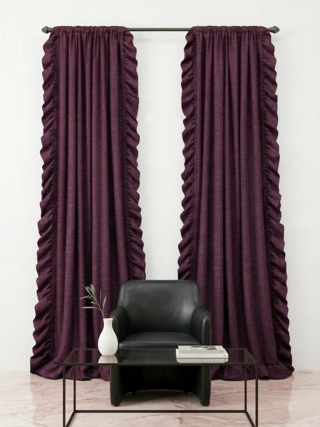 Plum Ruffle Curtain Panel, Genuine 100% Linen, Romantic Farmhouse ...