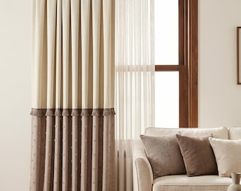 Cream Taupe Linen Curtain | Hand Sewn Pom Pom Fringe Tassel Drape | Tone on Tone Neutral Color Block Custom Panel