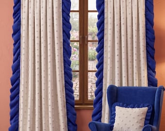 Royal Blue Velvet Ruffled Cream Linen Curtains, Pom Pom Tufted Drapes, Custom Size Color Block Window Panel, French Country Bedroom Decor