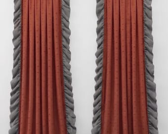 Terracotta Linen Curtains with Grey Velvet Ruffle Trim, Tufted Boho Drapes