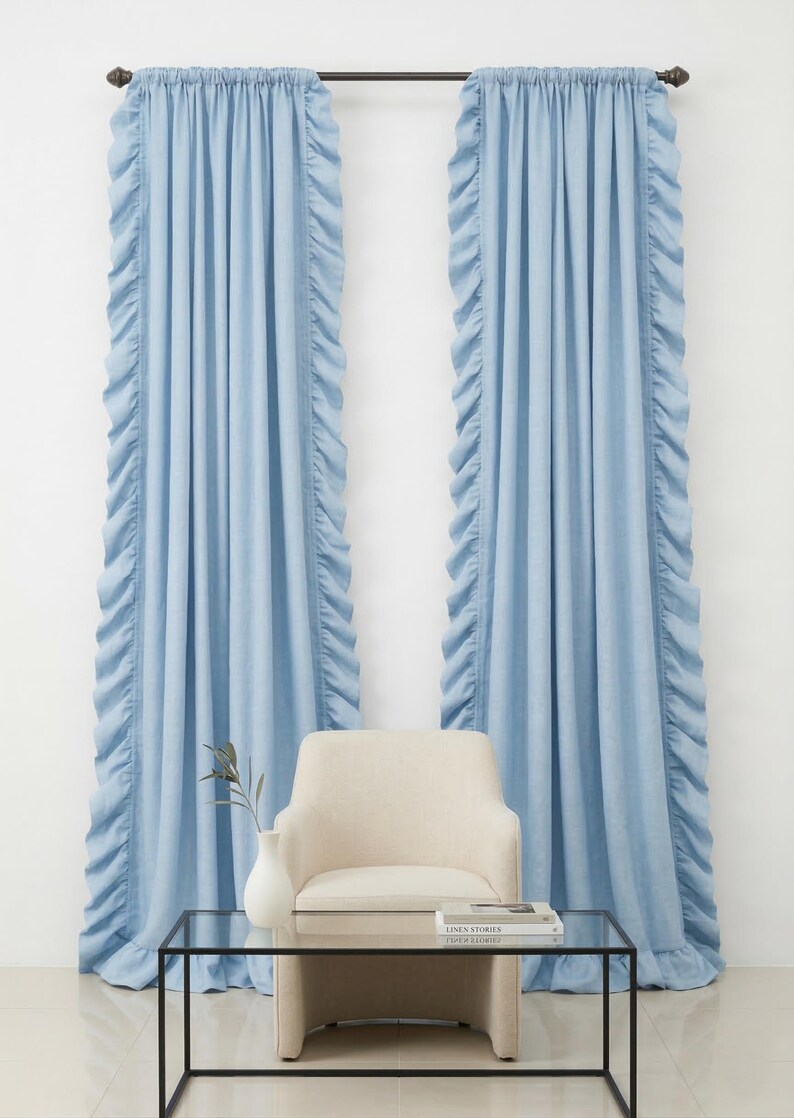 Baby Blue Ruffle Curtain Panel, Genuine 100% Linen, Romantic Farmhouse ...