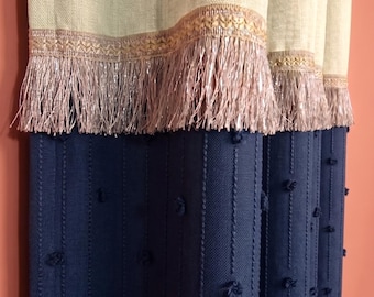 Navy Cream Linen Curtain | Rope Texture Pom Pom Fringe Tassel Drape | Nautical Color Block Custom Panel