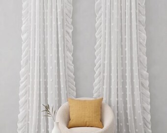 White Sheer Linen Curtain Panel with Pom Pom Detail and Side Ruffles