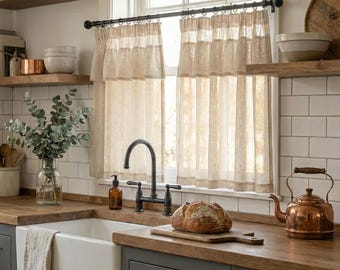 Handmade Beige Linen Cafe Curtains • Farmhouse Sheer Valance