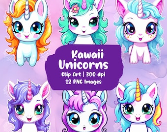24 imágenes prediseñadas de unicornios kawaii / Paquete de pegatinas / Descarga digital / Ojos grandes / Cabello multicolor