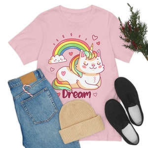Kawaii Sleeping Unicorn Cat T-shirt | Unisex and Youth Sizes | Dreamy Kittycorn under Rainbow