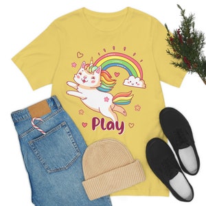 Playful Kawaii Unicorn Cat T-shirt | Unisex and Youth Sizes | Kittycorn | Caticorn | Rainbow Colors