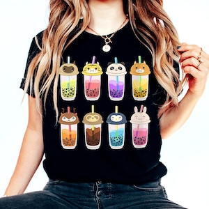 Animal Boba Tshirt Cartoon Anime Shirt Animal Lover Gift Bubble Tea Kids Shirt Love Bubble Tea Tshirt Funny Harajuku Tees image 1