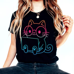 Cat Playing Laptop T-shirt - Design Glasses Cat Shirt - Colorful Anime Kitty Tee - Hello Kitten Tee - Gift For Cat Mom