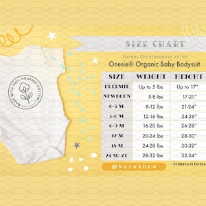 Gerber Childrenswear 1516A Onesie® Organic Baby Bodysuit Size Chart w/Mockup