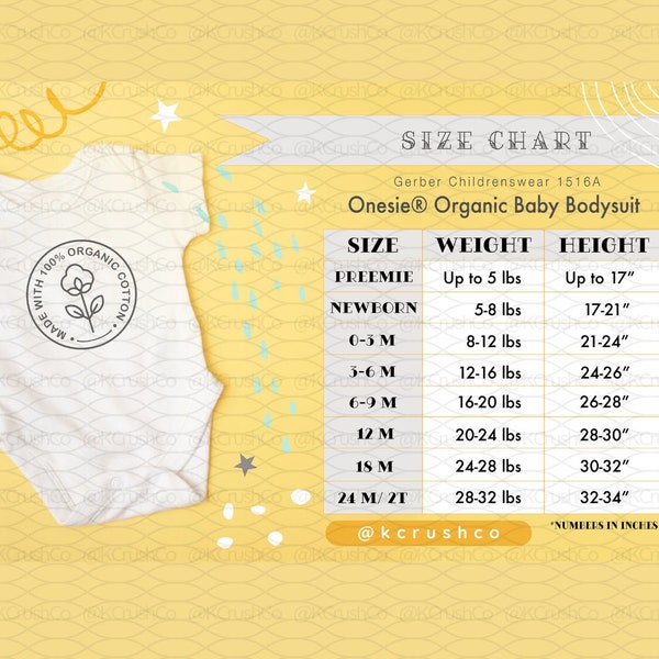 Gerber Childrenswear 1516A Onesie® Organic Baby Bodysuit Size Chart w/Mockup