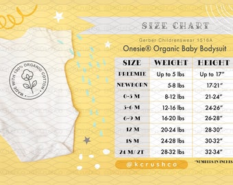 Gerber Childrenswear 1516A Onesie® Organic Baby Bodysuit Size Chart w/Mockup