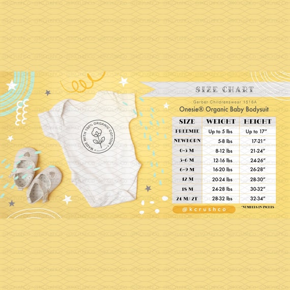 Gerber Childrenswear 1516A Onesie® Organic Baby Bodysuit Size Chart w/Mockup