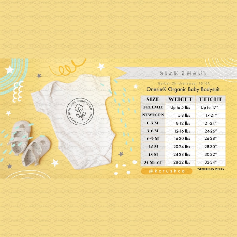 Gerber Childrenswear 1516A Onesie® Organic Baby Bodysuit Size Chart w/Mockup image 1