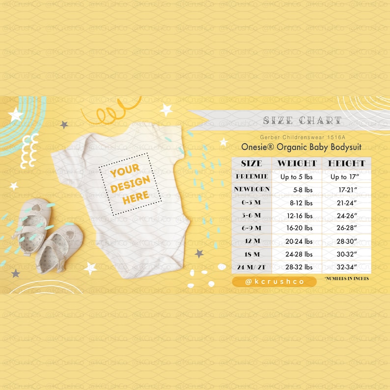 Gerber Childrenswear 1516A Onesie® Organic Baby Bodysuit Size Chart w/Mockup image 2