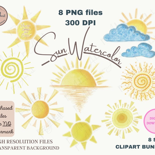 Watercolor Sun Clipart Bundle PNG Files, Sublimation Designs for Tshirt, PNG Downloadable cliparts, Hand painted Watercolor clipart, digital