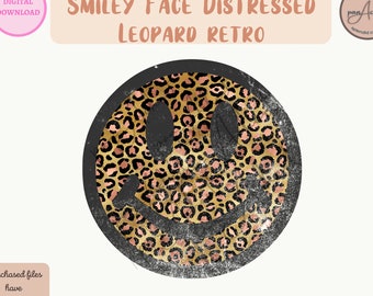 Smiley Face Distressed Leopard Retro PNG Design, Smiley Sublimation Design, Smiley DIgital Download,Retro Distressed Smiley Face PNG,Cheetah