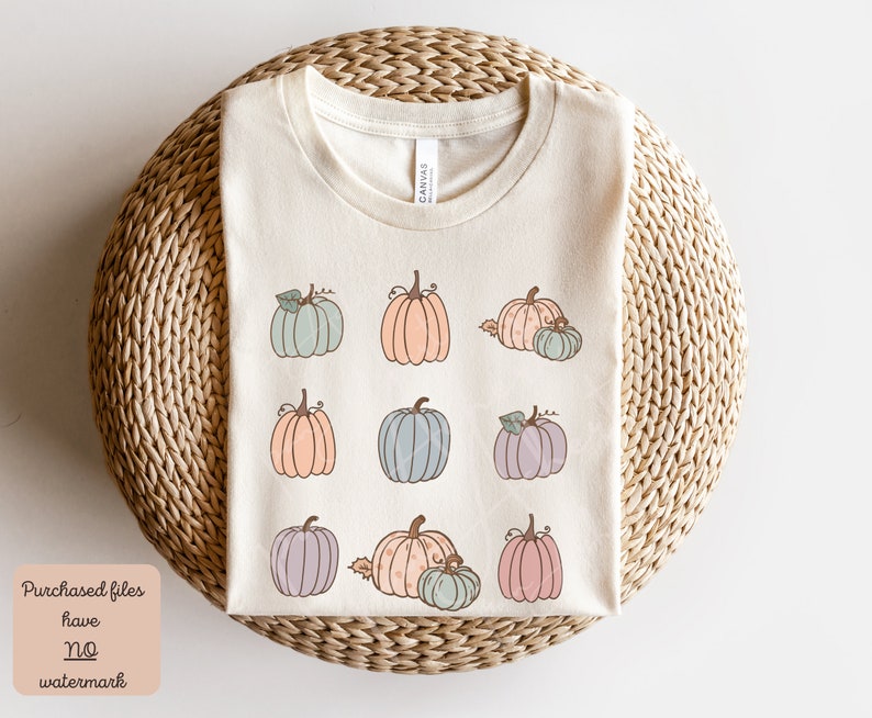 May include: A beige t-shirt with a design of nine pastel-colored pumpkins. The pumpkins are arranged in three rows of three. The pumpkins are all different shapes and sizes. The t-shirt is on a woven straw surface.