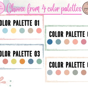May include: Four color palettes with five color swatches each. The palettes are labeled "Color Palette 01", "Color Palette 02", "Color Palette 03", and "Color Palette 04".