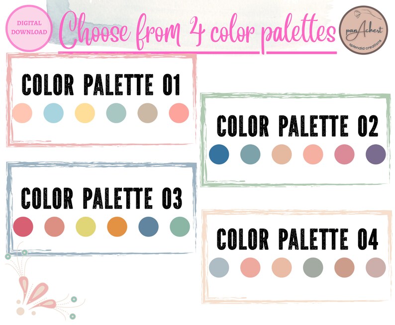 May include: Four color palettes with five color swatches each. The palettes are labeled "Color Palette 01", "Color Palette 02", "Color Palette 03", and "Color Palette 04".