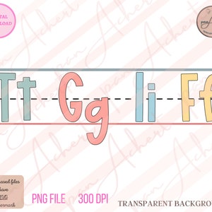 Pu&ograve; includere: Un download digitale di un foglio di lavoro stampabile che presenta le lettere T, G, L e F in uno stile colorato e disegnato a mano. Le lettere sono scritte in minuscolo e maiuscolo, con una linea tratteggiata sotto ogni lettera per il tracciamento.