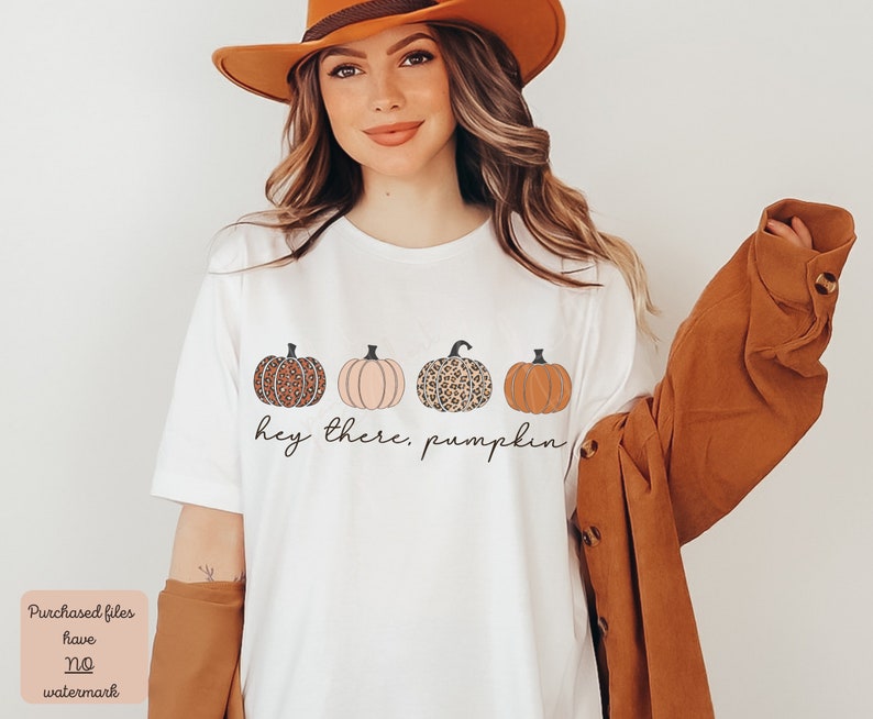 May include: White t-shirt with a graphic of four pumpkins. The pumpkins are in a row and have different patterns, including leopard print and solid colors. The text "hey there, pumpkin" is written below the pumpkins.