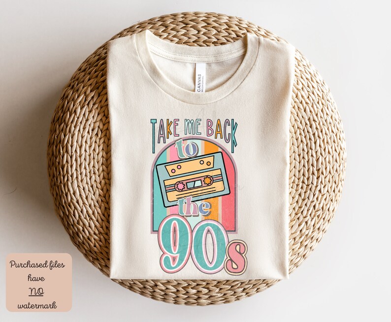 May include: A beige t-shirt with a retro design featuring a cassette tape and the text "Take Me Back to the 90s".