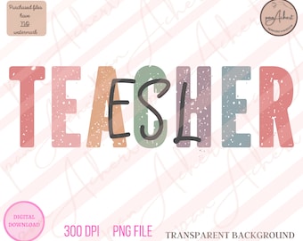 May include: A digital download of a colorful graphic that says "TEACHER" in a distressed font. The letters are in shades of pink, orange, green, blue, and red. The background is transparent.