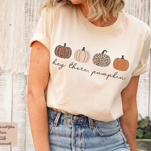 May include: A beige t-shirt with a graphic of four pumpkins. The pumpkins are in a row and have different patterns. The text "hey there, pumpkin" is below the pumpkins.