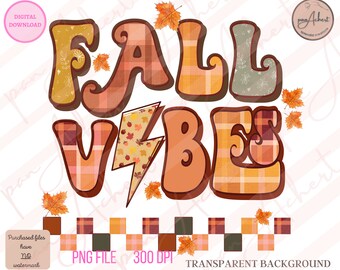 Può includere: Clipart digitale "Fall Vibes" con un motivo a quadri in arancione, marrone e bianco. Le lettere sono contornate di marrone e hanno uno stile fantasioso e disegnato a mano. L'immagine include un fulmine con foglie autunnali e uno sfondo a quadri.