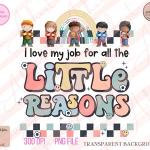 Pu&ograve; includere: Un'illustrazione digitale di un arcobaleno con cinque bambini in piedi di fronte ad esso. I bambini indossano zaini e tengono libri. Il testo "Amo il mio lavoro per tutte le PICCOLE RAGIONI" &egrave; scritto in un font retr&ograve; colorato.