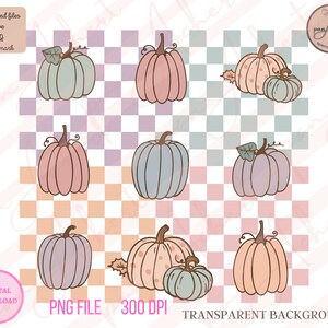 May include: Nine digital illustrations of pumpkins in various colours and patterns, including pink, blue, and orange. The pumpkins are on a checkered background. PNG file, 300 DPI, transparent background.