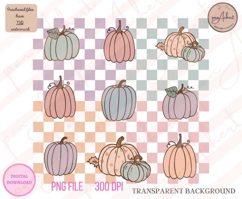 May include: Nine digital illustrations of pumpkins in various colours and patterns, including pink, blue, and orange. The pumpkins are on a checkered background. PNG file, 300 DPI, transparent background.