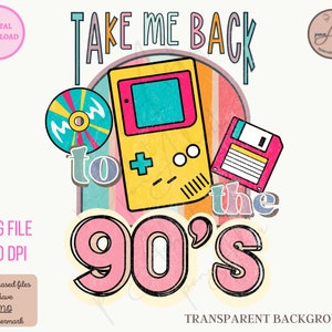 K&ouml;nnte beinhalten: Eine rosa und gelbe Grafik mit dem Text "Take Me Back to the 90's" im Retro-Stil. Die Grafik zeigt eine Vintage-Videospielkonsole, eine Diskette und eine CD.