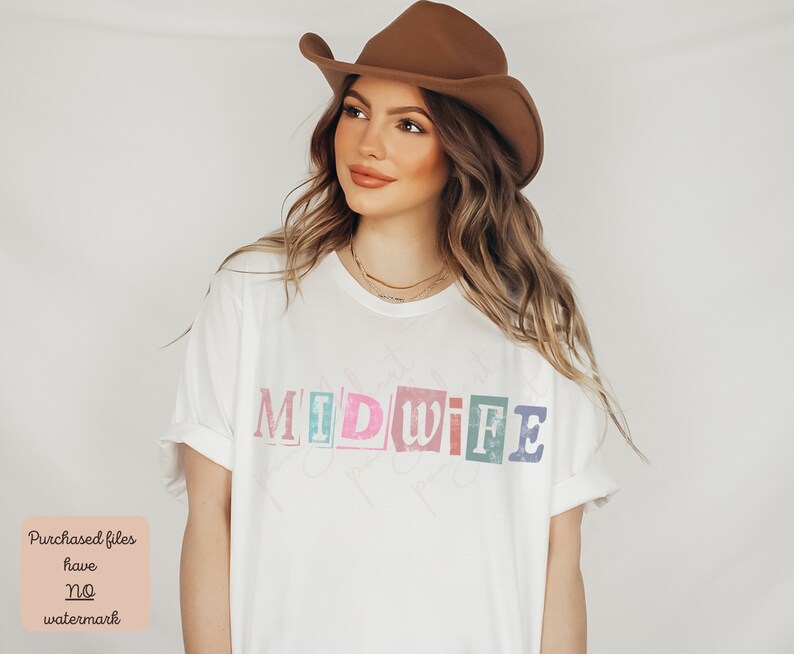 May include: A white t-shirt with the word "MIDWIFE" printed in colorful, block letters. The letters are made to look like magazine clippings.