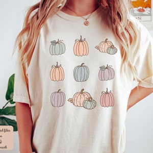 May include: A cream colored t-shirt with a pattern of nine pastel colored pumpkins. The pumpkins are in various shades of blue, pink, and orange.